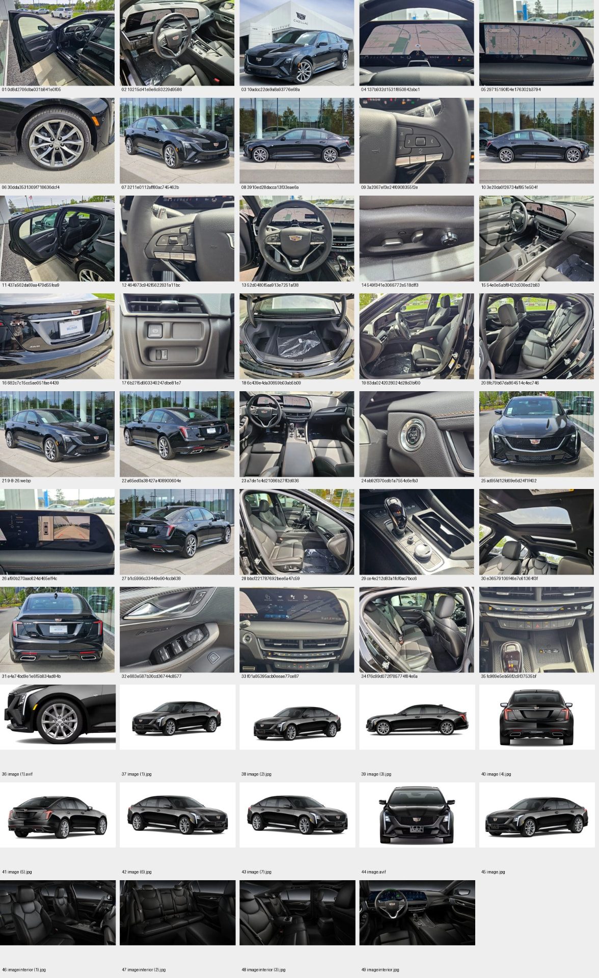 Contact sheet of 49 dealership photographs of a black Cadillac CT5, including exterior angles, wheels, interior, controls and studio renders